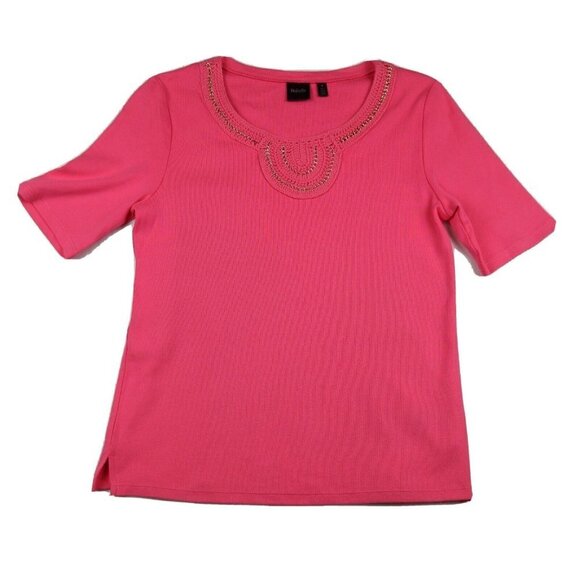 WOMEN'S PINK SHORT SLEEVE SHIRT - RAFAELLA - CHAIN NECK - KNIT - SIZE M - Picture 1 of 7